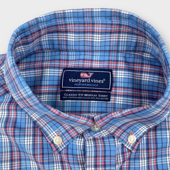$118 Vineyard Vines Performance Murray Shirt Mens Medium Check Blue Button Down - Picture 7 of 11
